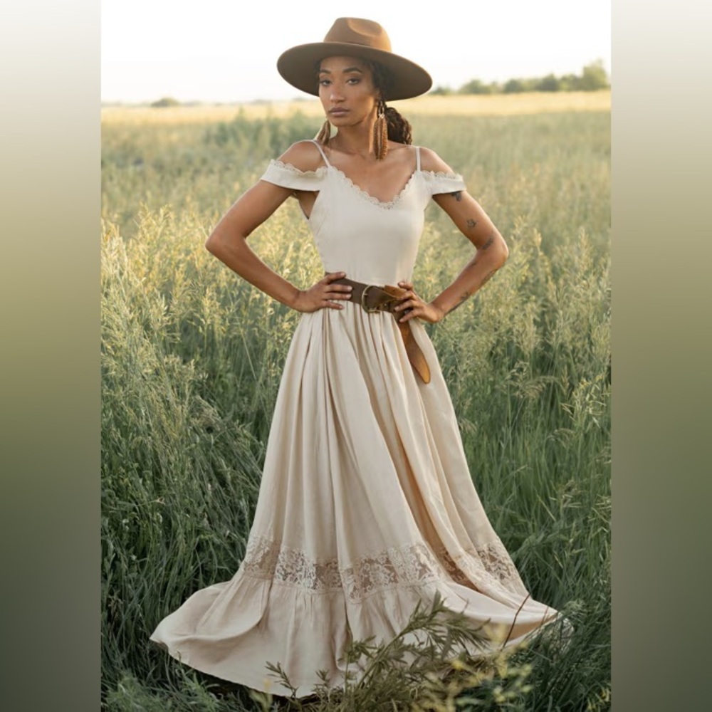 Joyfolie Coral Dress in Taupe Off-Shoulder Maxi Dress